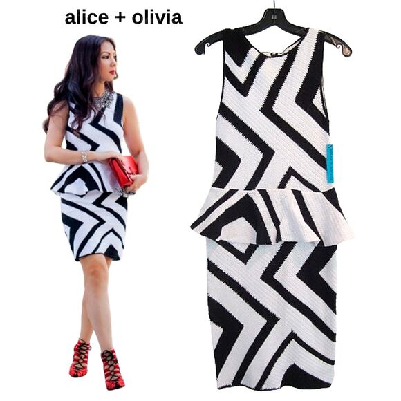 alice + olivia NEW Old Money MONACO Chevron Crochet Peplum Mini Dress XS - Picture 1 of 11